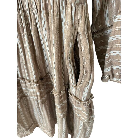 Destination 365 Long Sleeve Split Neck Dress 100% Cotton Tan White Small Petite - Picture 4 of 7
